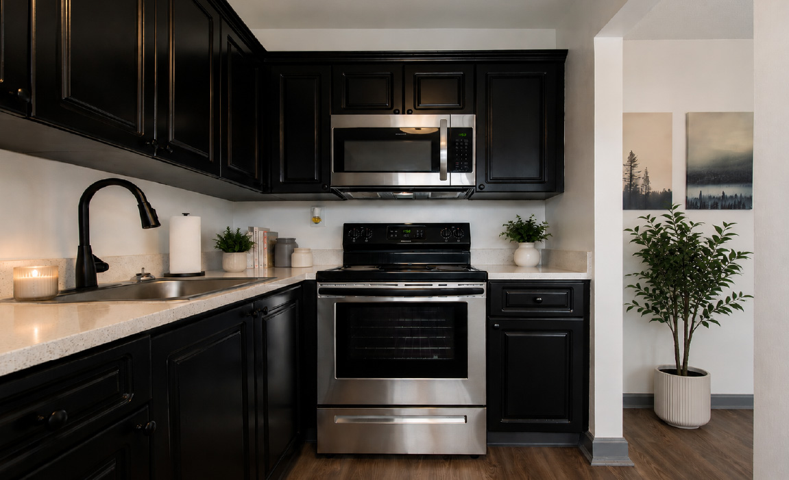 Modern rental kitchen showcasing updated appliances at Parc Place Apartments, Miami Gardens